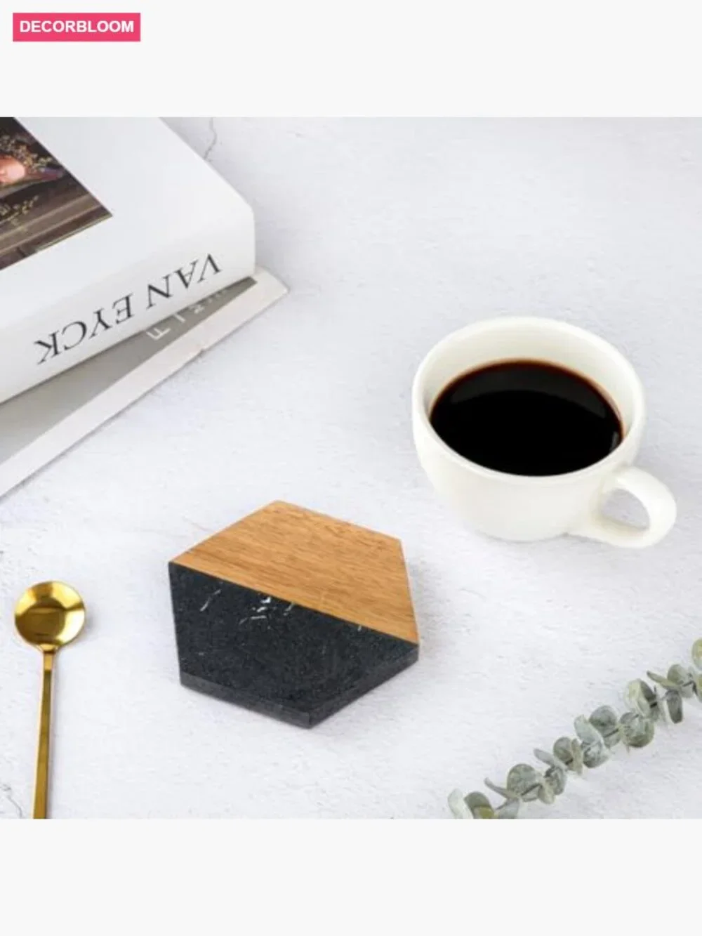 Set of 4 Hexagon Acacia Wood and Marble Coasters for Drinks, Modern Rustic Bar